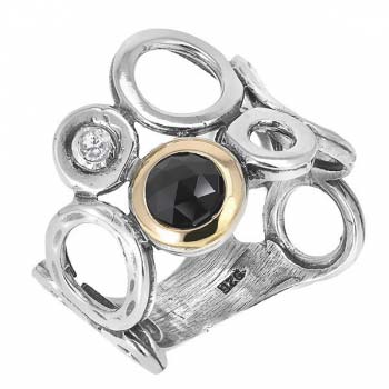 Серебряное кольцо с ониксом, куб.цирконом и золотом MVR238GON