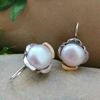 Серебряные серьги с жемчугом, куб.цирконом и золотом MVE1584GPL