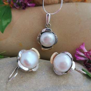 Серебряные серьги с жемчугом, куб.цирконом и золотом MVE1584GPL