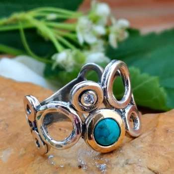 Серебряное кольцо с бирюзой, куб.цирконом и золотом MVR238GTQ