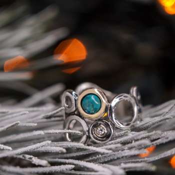 Серебряное кольцо с бирюзой, куб.цирконом и золотом MVR238GTQ