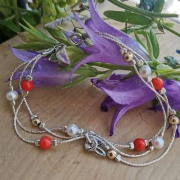 Серебряный браслет с кораллом, жемчугом и голдфилд 01B373CR