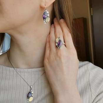 Серебряные серьги с аметистом, куб.цирконом и золотом MVE2056GAM