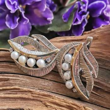 Серебряные серьги с жемчугом, куб.цирконом и золотом MVE2075GPL