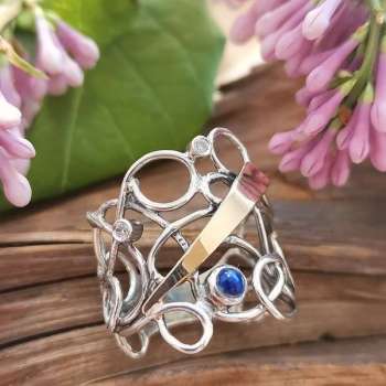 Серебряное кольцо с лазуритом, куб.цирконом и золотом MVR1054GLZ