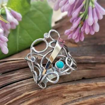 Серебряное кольцо с бирюзой, куб.цирконом и золотом MVR1054GTQ