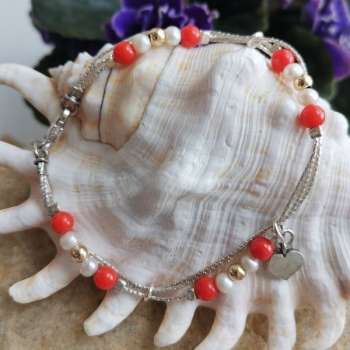 Серебряный браслет с кораллом, жемчугом и голдфилд 01B397CR/1