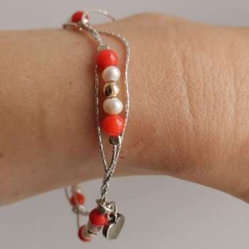 Серебряный браслет с кораллом, жемчугом и голдфилд 01B397CR/1