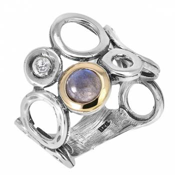Серебряное кольцо с лабрадором, куб.цирконом и золотом MVR238GLB