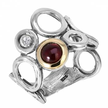 Серебряное кольцо с гранатом, куб.цирконом и золотом MVR238GGR